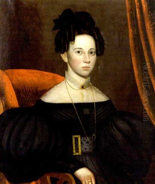 Portrait Of A Young Woman In Lace Collared Black Dress With Elaborate Jewelry, Seated On Red Chair With Scroll Arms - view 1