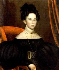 Portrait Of A Young Woman In Lace Collared Black Dress With Elaborate Jewelry, Seated On Red Chair With Scroll Arms