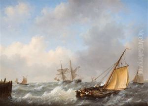 Fishing Boats On Choppy Water Near The Coast by Frans Jacobus van den Blyk