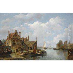A View Of A Riverside Village by Frans Jacobus van den Blyk