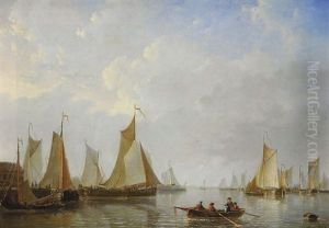 Le Depart Des Bateaux De Peche Avec Barque En Avant-plan by Frans Jacobus van den Blyk