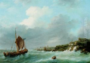 A Sailing Vessel At Full Sail, Approaching A Harbour by Frans Jacobus van den Blyk