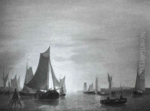 Sunset: A River Estuary With Shipping On A Calm Day by Frans Jacobus van den Blyk