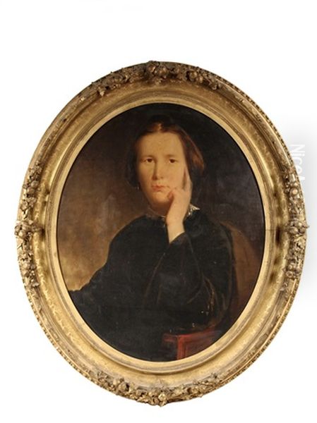 Oval Portrait Of A Seated Pensive Woman In Black - view 1
