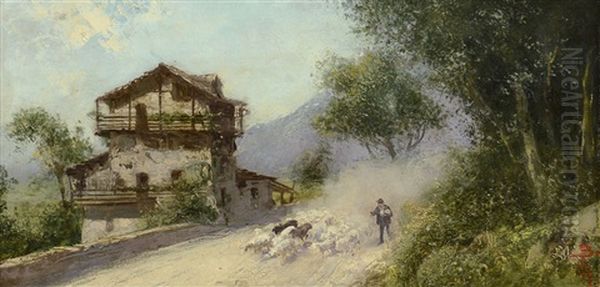 Paesaggio Montano Con Gregge E Pastore - view 1