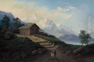 Scorcio Del Lago Con Baita E Pastorella by Giacinto Bo