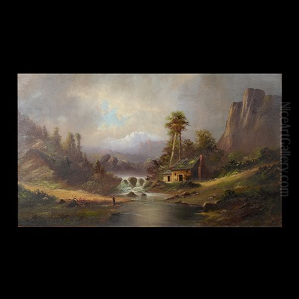 Man Fishing By Near Cabin Under The Mountains - view 1