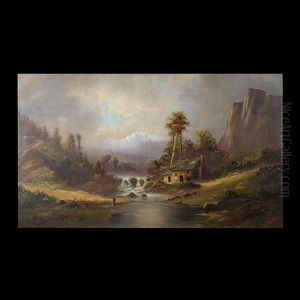 Man Fishing By Near Cabin Under The Mountains