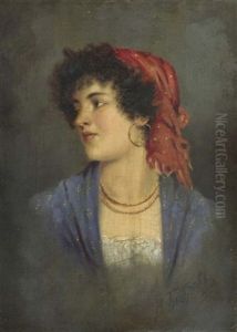Bildnis Einer Jungen Frau Mit Rotem Kopftuch by Viktor Alekseevich Bobrov