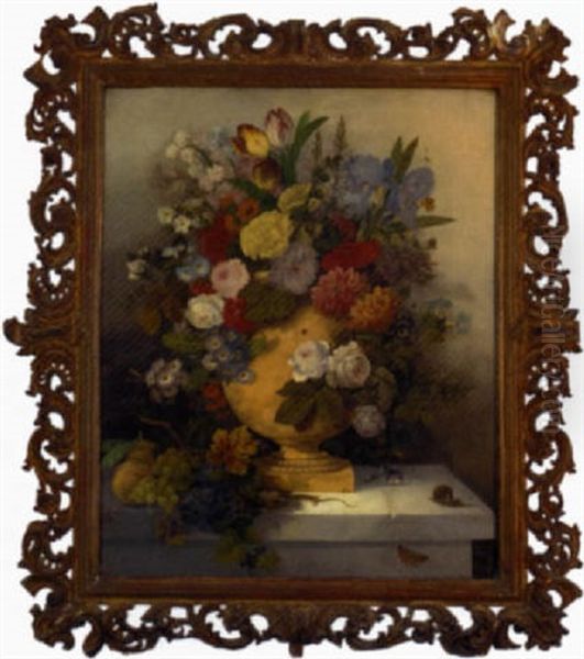 Summer Flowers In An Urn, Peaches, Grapes, A Lizard, A Bird's Nest, A Snail, A Butterfly And Other Insects - view 1