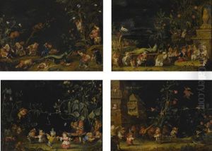 A Set Of Four Garden Scenes, The First Two Depicting The Capture And Death Of A Lizard by Faustino Bocchi