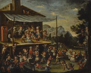 A Carnival Scene With Grotesque Figures And A Troupe Of Players Performing On An Outdoor Stage by Faustino Bocchi
