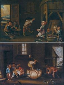 Zwerge Zerlegen Eine Frucht (+ Musizierende Zwerge In Einer Scheune, Pair) by Faustino Bocchi