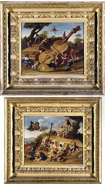 Grotesque Figures Playing Over-sized Musical Instruments In Landscapes (pair) - view 1