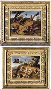 Grotesque Figures Playing Over-sized Musical Instruments In Landscapes (pair) by Faustino Bocchi