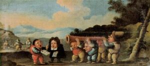 Musizierende Zwerge, Die Eine Flote Tragen, Auf Der Ein Zwerg Spielt by Faustino Bocchi