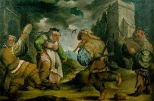 An Old Peasant Couple Dancing To A Tambourine And A Lute by Faustino Bocchi