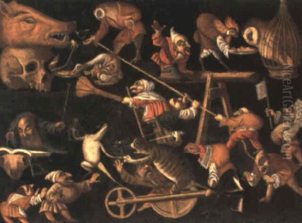 Imaginary Animals And Dwarves Fighting, Drinking And Carousing - view 1