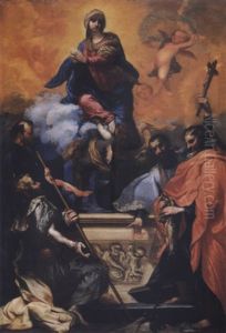 The Assumption Of The Virgin With Saints Jacobus,a Franciscan, Ignatius, Francis Xavier (or John Nepomuk) And Andrew by Clemente Bocciardo