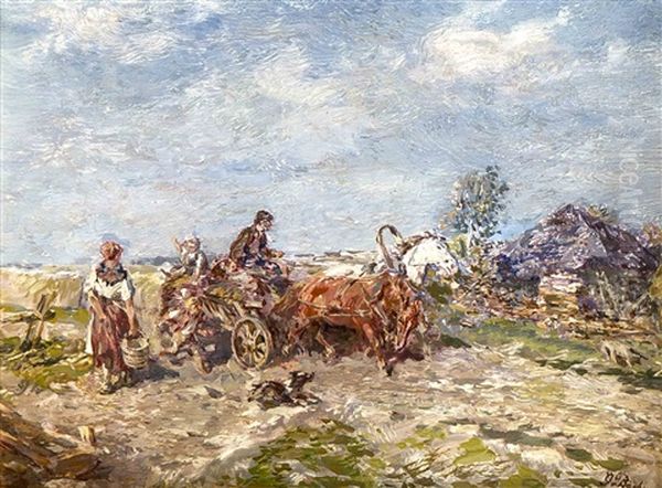 Bauernfamilie Mit Pferdewagen Am Feldrand Im Hellen Sonnenschein Nahe Der Hutte - view 1