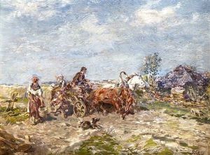 Bauernfamilie Mit Pferdewagen Am Feldrand Im Hellen Sonnenschein Nahe Der Hutte by Gregor von Bochmann the Elder