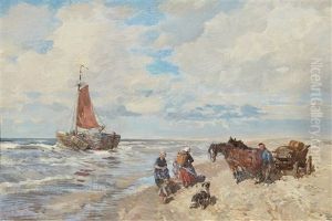 Coastal Landscape With A Cart And Sailing Boat by Gregor von Bochmann the Elder