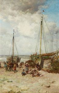 A Beach Scene With Fishers And Sailing Boats A Beach Scene With Fishers And Sailing Boats