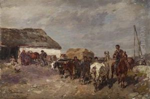 Farmyard Scene With Oxcart by Gregor von Bochmann the Elder
