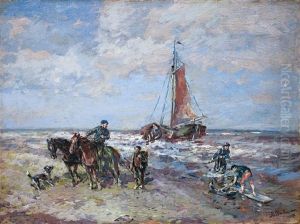 Strandszene Mit Reiter Und Segelschiff