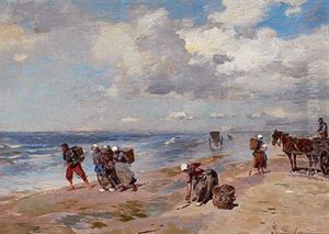 Sonniger Tag An Der Kuste Mit Muschel- Und Tangsammlerinnen Und Pferdewagen