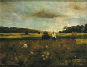 Estlandische Landschaft Mit Heuhaufen Und Bauer by Gregor von Bochmann the Elder