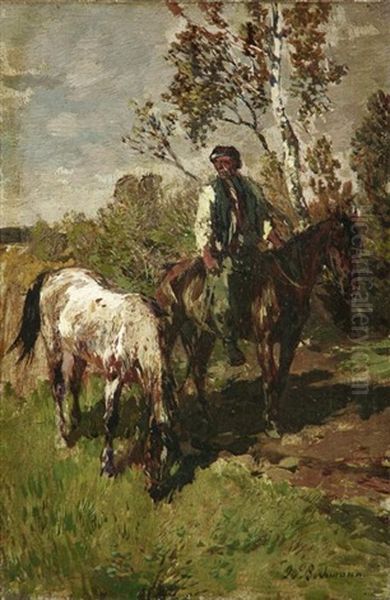 Landmann Mit Zwei Pferden In Sommerlicher Landschaft - view 1