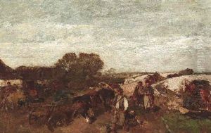 Bauern Mit Pferdefuhrwerken In Einem Estnischen Dorf by Gregor von Bochmann the Elder