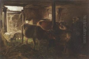 Im Stall: Bauerin Mit Ihren Kindern, Vieh Und Ziegen Im Stall by Gregor von Bochmann the Elder
