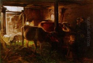 Im Stall - Bauerin Mit Ihren Kindern, Vieh Und Ziegen Im Stall by Gregor von Bochmann the Elder