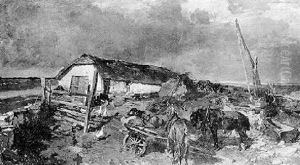 Schlafender Bauer Auf Leiterwagen Mit Zwei Spannpferden Vor Einem Estnischen Gehoft by Gregor von Bochmann the Elder