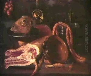 Nature Morte A La Piece De Viande Et Aux Ustensiles De Cuisine; Nature Morte Aux Poissons Et Aux Huitres by Andries van Bochoven