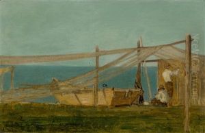 Paysage Lacustre Avec Pecheur Et Filets