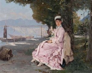 Uferpromenade Mit Einer Feinen Dame In Rosafarbenem Kleid