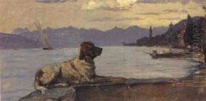 Genferseelandschaft Mit Hund Auf Einer Terrassenmauer by Francois-Louis-David Bocion