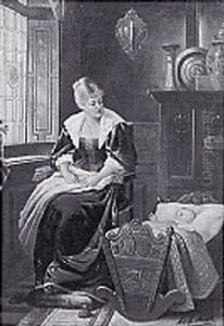 Interior With Mother And Infant by Adolf Georg Friederich Bock