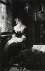 Interior Genre Scene With Mother And Baby by Adolf Georg Friederich Bock