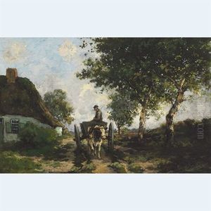 Farmer Driving His Ox Cart On A Country Lane by Theophile Emile Achille De Bock