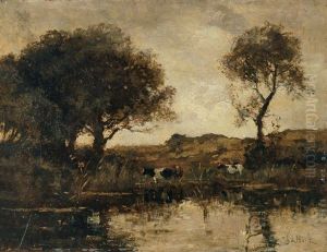 Baumbestandene Weidelandschaft Mit Rindern Am Wasser by Theophile Emile Achille De Bock