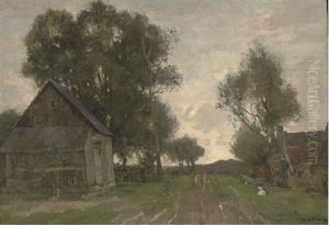 Farm Buildings Towards The End Of The Day by Theophile Emile Achille De Bock