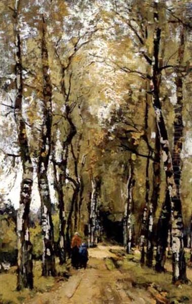 Woman And Child On A Sunlit Woodland Path - view 1