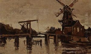 Drawbridge With Windmill De Adriaan, Haarlem by Theophile Emile Achille De Bock