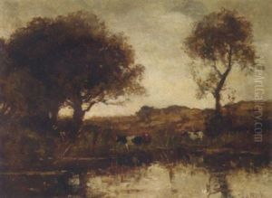 Watering Cows By A Tree-lined Pond by Theophile Emile Achille De Bock