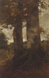 Boomen: Birch Trees By A Forest Clearing by Theophile Emile Achille De Bock
