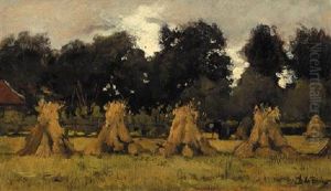 A Peasant Woman At Work Among Sheaves by Theophile Emile Achille De Bock